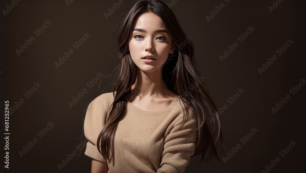 Portrait of a mysterious individual. Her long dark hair with the dark background creates a dramatic effect. The garment adds elegance. It is a statement of individuality and privacy in the digital age Portrait of a mysterious individual. Her long dark hair with the dark background creates a dramatic effect. The garment adds elegance. It is a statement of individuality and privacy in the digital age
