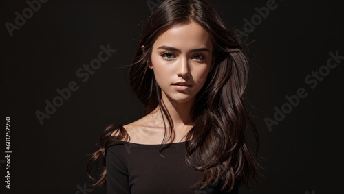 Portrait of a mysterious individual. Her long dark hair with the dark background creates a dramatic effect. The garment adds elegance. It is a statement of individuality and privacy in the digital age