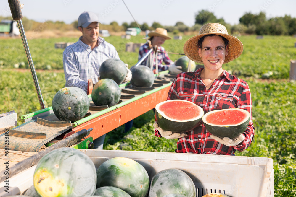 Obraz premium Portrait of female farmer with watermelon in her hands against background of hired workers busy sorting watermelons on a conveyor