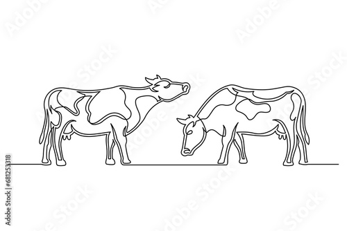 Continuous one line farm cows. Vintage farm cows isolated on a white background. Farm concept. Vector illustration