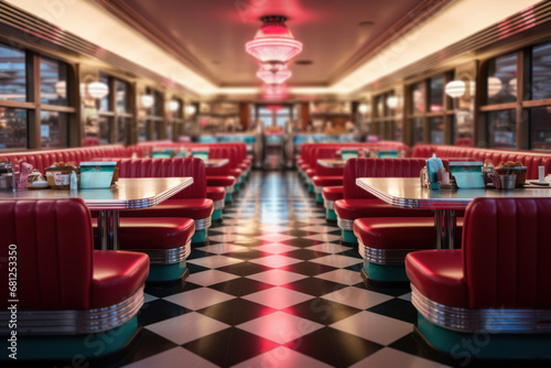 A classic American diner with checkered floors and neon signs, representing the quintessential American dining experience. Generative Ai.