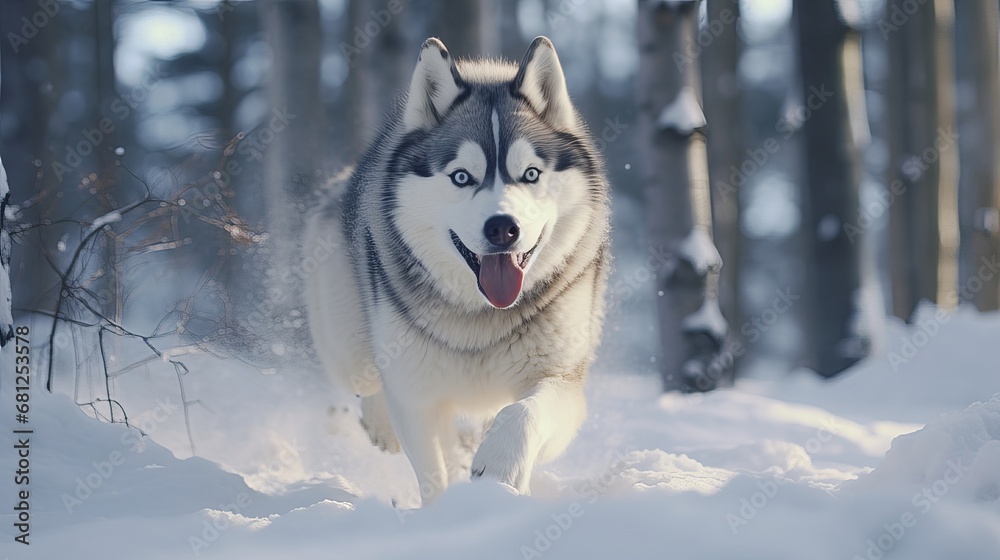  Husky dog run free in winter snow forest