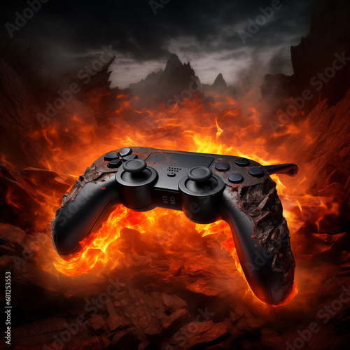 Epic game controller burning on fire with flames. Gaming background