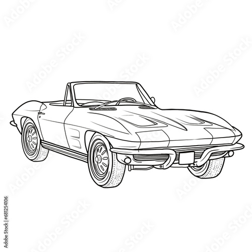 Classic European convertible sports cars Vector Illustration line art with two-seater, Hand-Drawn Outline Design, Isolated on White Background