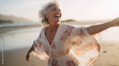 Candid shot of a glimmering, joyful, and optimistic senior woman, smiling and celebrating life on the beach at sunset with a floral dress by the ocean. photo