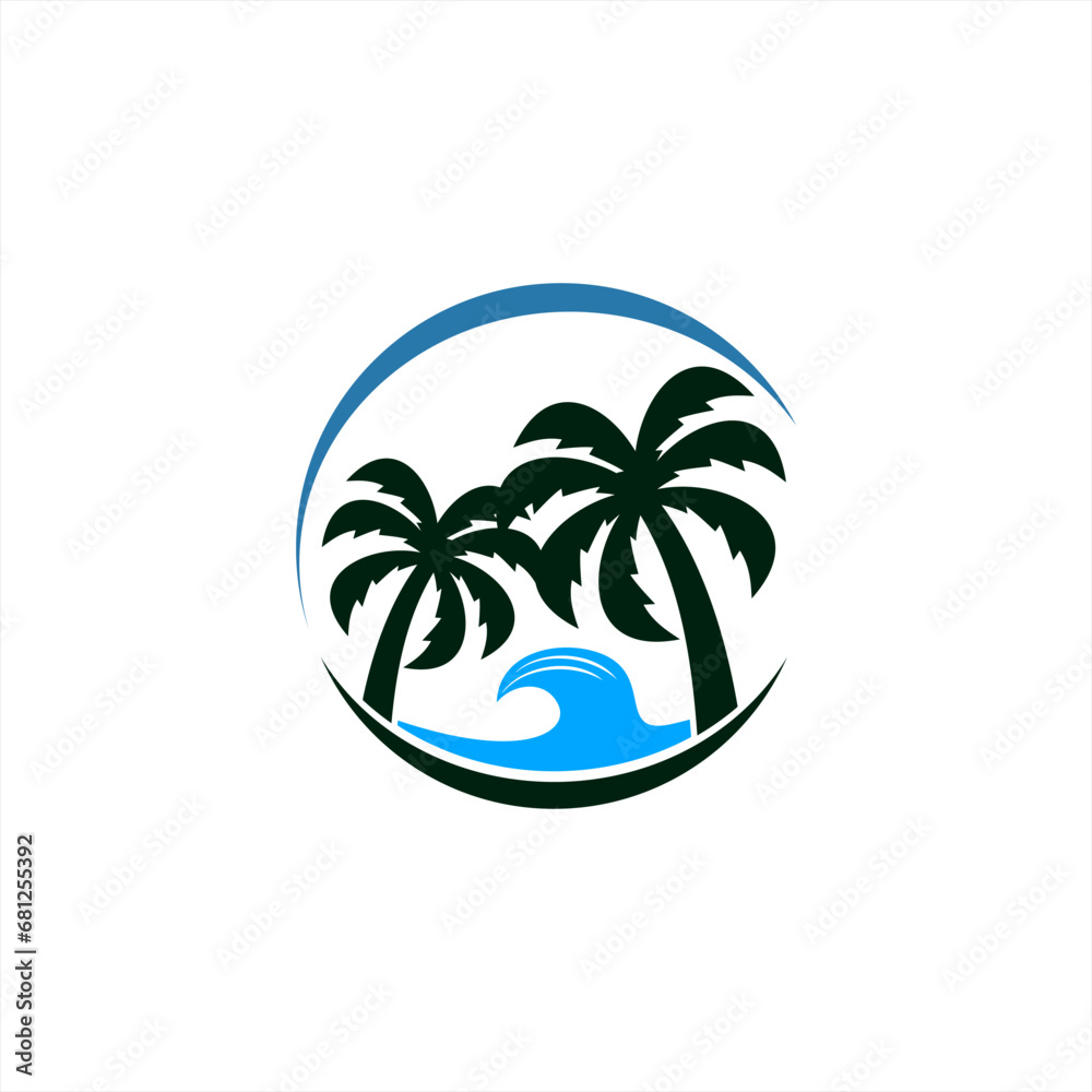 logo design for coconut trees and waves, sea, vector waves, icon, symbol, beach, emblem, silhouette, logo design for t-shirts, island, paradise, holiday, travel, traveling, circle