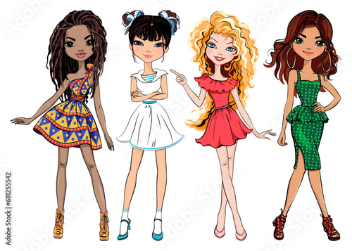 Vector SET of beautiful fashion girls of different races in summer clothes