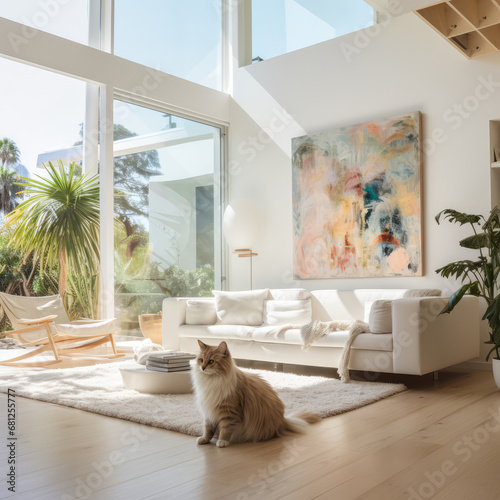 furry cat in the modern sunny living room