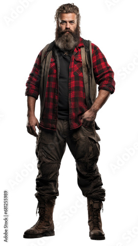 a blue-collar worker/woodsman in a red flannel shirt, full body in a Labor-themed, isolated, and transparent PNG photorealistic illustration. Generative ai