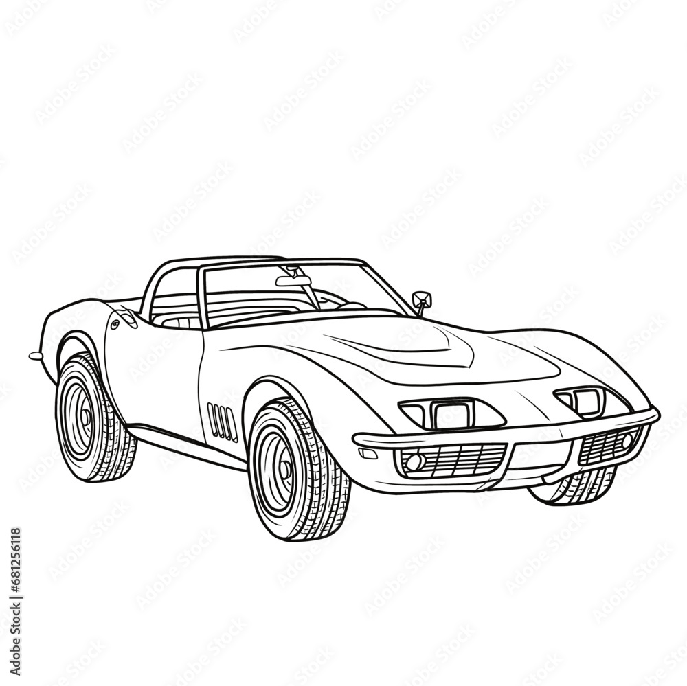 Classic Seventies Style American Convertible Muscle Car Cartoon Vector Illustration Hand-Drawn Outline Design, Isolated on White Background