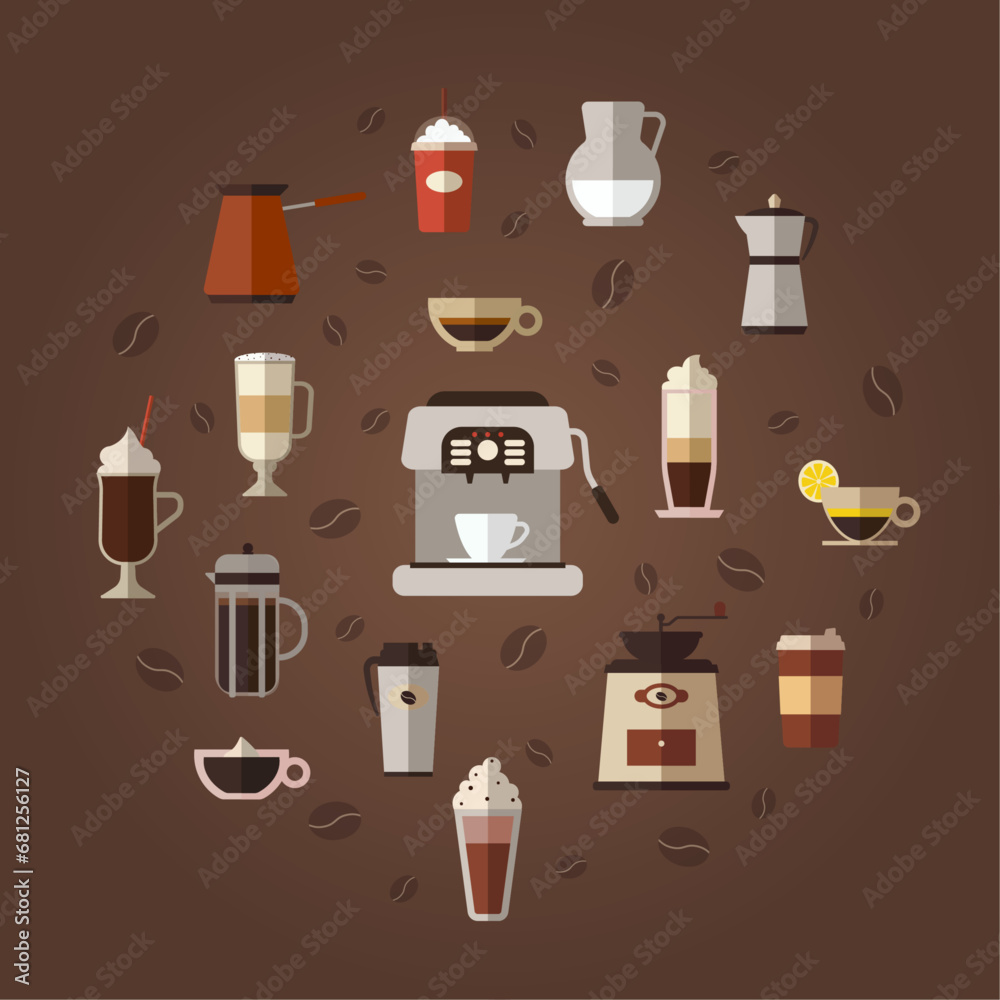 Set of hot and cold drinks. Collection of different coffee types and equipments. Cappuccino, latte and coffee with lemon. Coffee machine, mill, french press. Flat vector icon illustration isolated Set of hot and cold drinks. Collection of different coffee types and equipments. Cappuccino, latte and coffee with lemon. Coffee machine, mill, french press. Flat vector icon illustration isolated