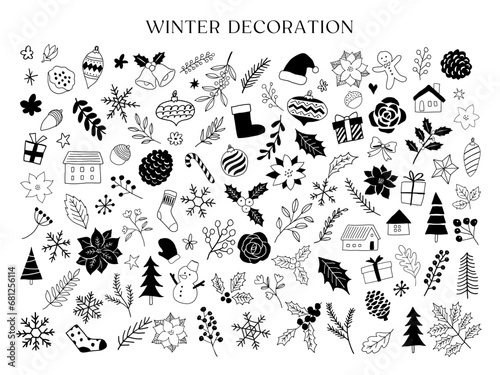 冬の植物とクリスマスの線画イラストセット