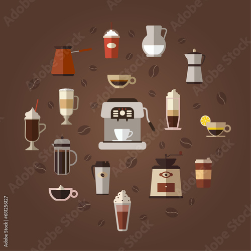 Set of hot and cold drinks. Collection of different coffee types and equipments. Cappuccino, latte and coffee with lemon. Coffee machine, mill, french press. Flat vector icon illustration isolated