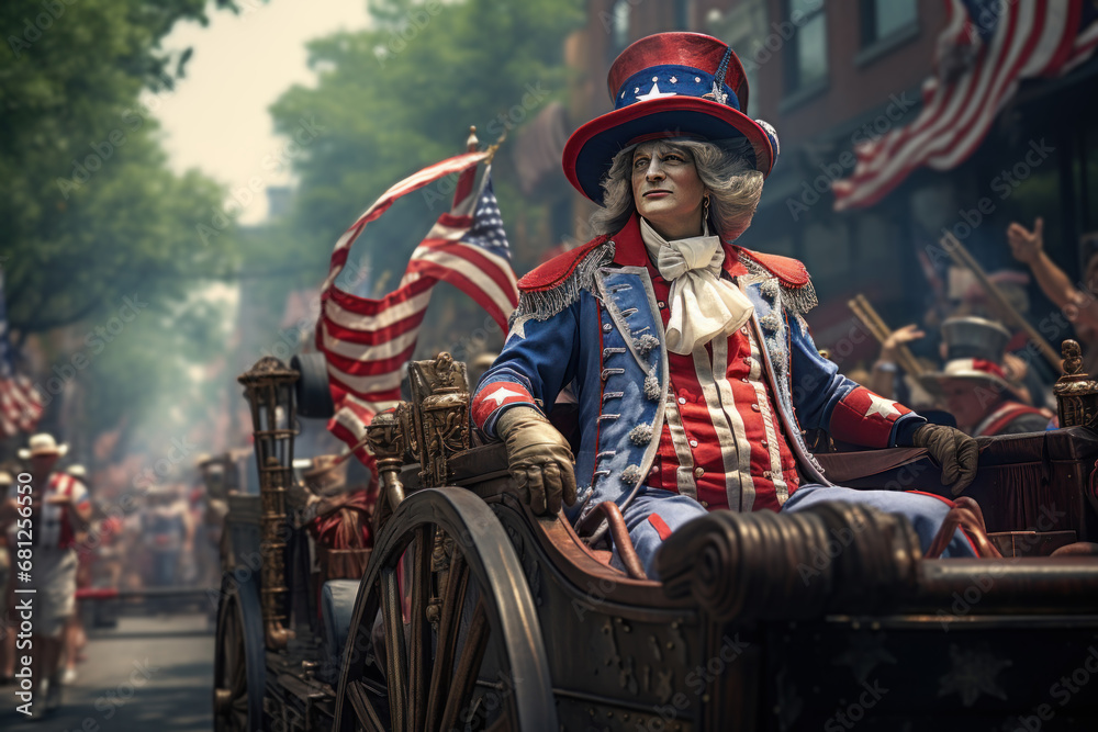 A Fourth of July parade with patriotic floats and celebrations, marking Independence Day in the USA. Generative Ai.