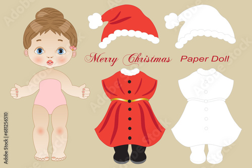 Illustration of a paper doll with two Christmas dresses one is to color