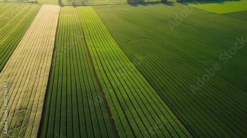 Drone view of agriculture farming, fields stretching a symphony of green crops, farmer and tractor farming Photography from top view
