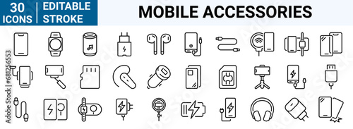 set of 30 line web icons Mobile phone accessories. Charging; Cables; Headphones; Case; Glass; Sim card. Editable stroke.