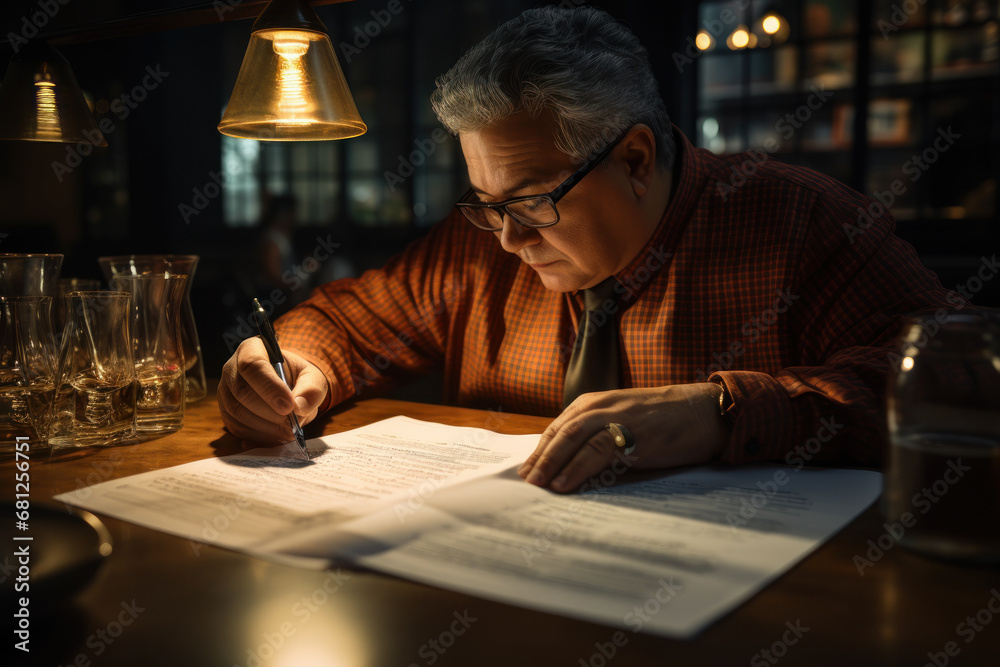 A tax inspector reviewing a restaurant's financial records. Concept of hospitality industry taxation. Generative Ai. A tax inspector reviewing a restaurant's financial records. Concept of hospitality industry taxation. Generative Ai.