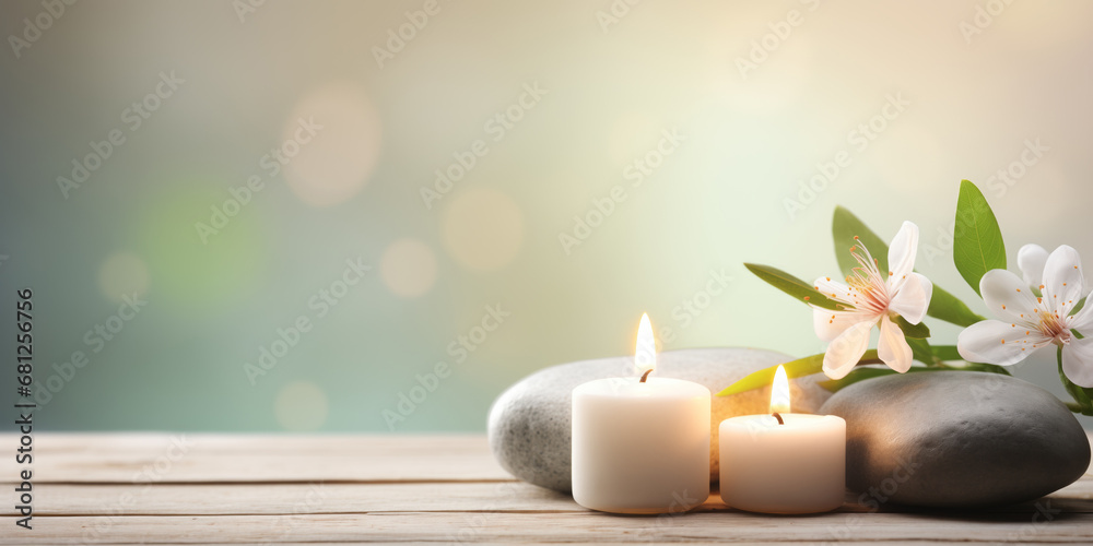 Zen stones, candles and white flower on beige background witn copy space, wellness and harmony, massage and bodycare, spa and wellness concept - obrazy, fototapety, plakaty 