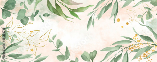 Watercolor floral background with eucalypt leaves and golden elements. Hand drawn illustration.