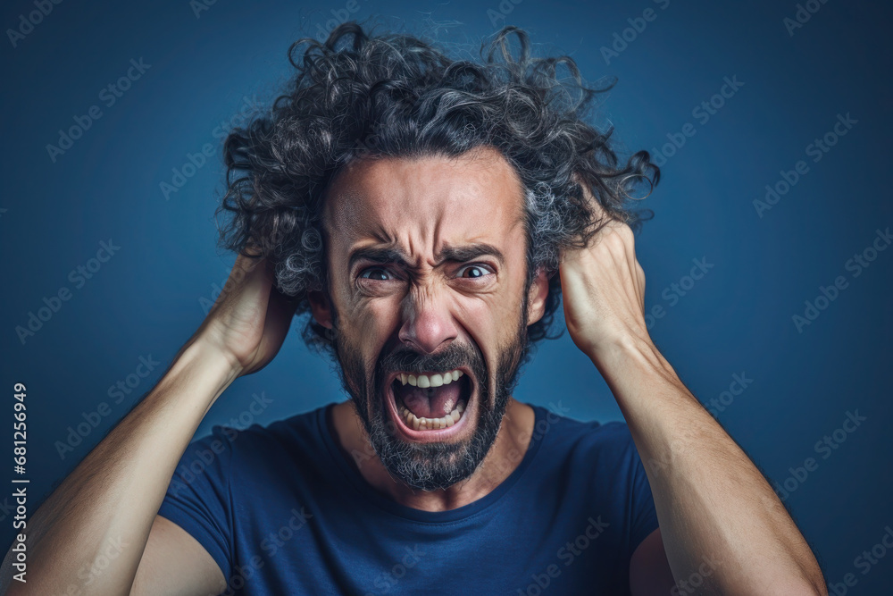 Upset boy, man in blue t shirt screaming and crying with opened mouth and closed eyes against Upset boy, man in blue t shirt screaming and crying with opened mouth and closed eyes against