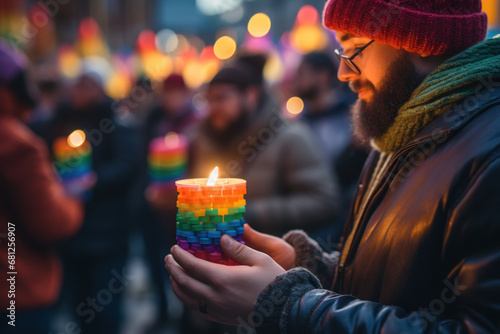 A person lighting a candle at a vigil to honor victims of homophobia, transphobia, and biphobia. Concept of remembrance and respect. Generative Ai. photo