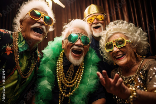 adults celebrating christmas day. party, happy old, and retirement age. the gentlemen are having fun. masquerade, green