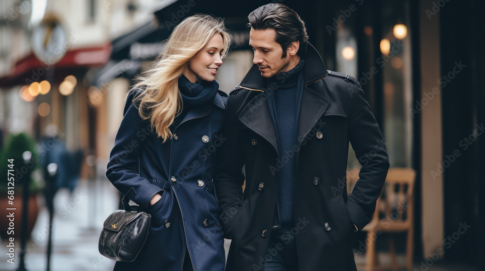 romantic couple on the street in winter in love 