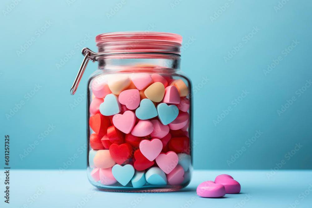 Heart shaped candy in a glass jar Valentine's Day background Heart shaped candy in a glass jar Valentine's Day background