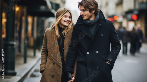 lovely couple walking around in the old street in big city  on the cold day 