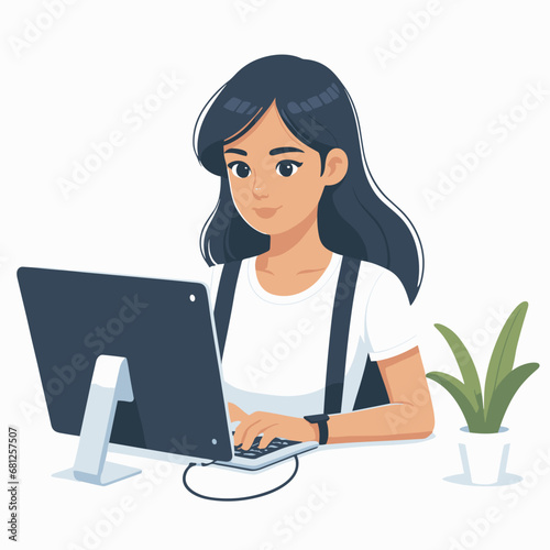 woman working on laptop, work from home concept, vector art SVG, isolated on a white background, office concept, copy space, ad copy 