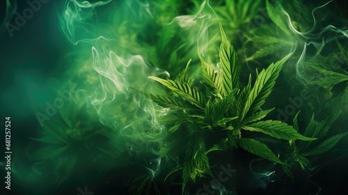 Hazy smoke backdrop with cannabis marijuana buds. photo