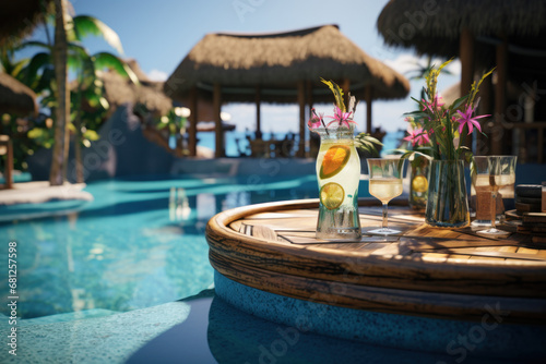 A resort pool with a built-in swim-up bar for tropical cocktails. Concept of vacation indulgence. Generative Ai.