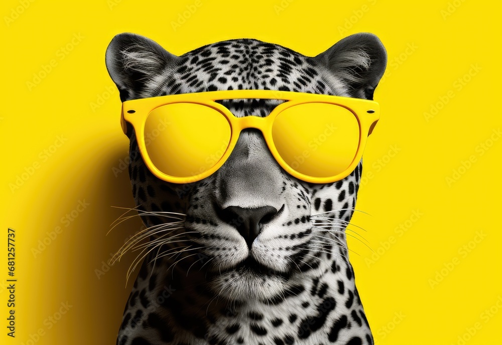 Snow leopard in sunglasses close-up. Portrait of a snow leopard. Anthopomorphic creature. Fictional character for advertising and marketing. Humorous character for graphic design. - obrazy, fototapety, plakaty 