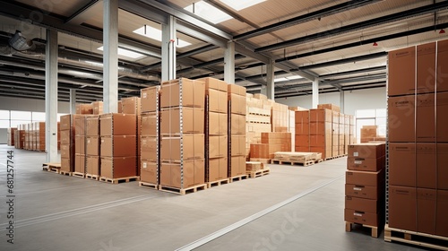 A large warehouse with numerous items. Rows of shelves with boxes.  Logistics. Inventory control, order fulfillment or space optimization. Illustration for advertising, marketing or presentation. © Login