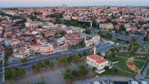 Flying over towards the Zeyrek Neighborhood from Golden Horn. Aerial view of old Istanbul, Turkey  - Aug 16, 2020
 photo