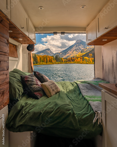 Картината върху платно Campervan Vanlife Bed in Wilderness Colorado Mountain Aspen Tree Lake in Autumn Fall Foliage
