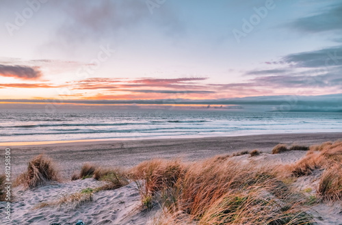 Sunset on the ocean beach in San Francisco: beautiful landscape, concept of vacation, travel, relaxation photo