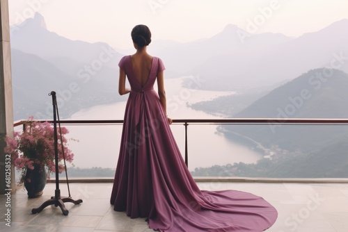 Back view gorgeous young woman female lady dust pink elegant luxurious silk ball dress standing looking balcony bridesmaid clothes trendy wedding studio evening fashion model gown photoshoot romantic photo