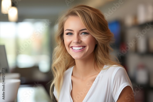 Cheerful Beautiful Blonde Woman with a Radiant Smile Enjoying Relaxing Time at Home