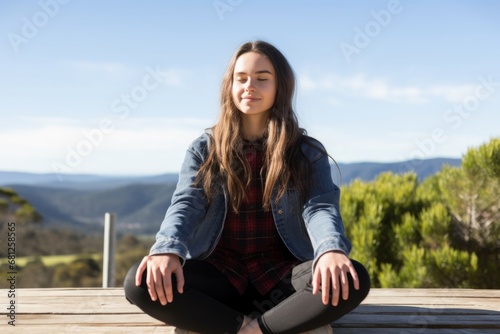 Front portrait young relaxed calm sporty Caucasian lady woman female sitting outside eyes closed practicing yoga mindful meditation lotus pose wellbeing doing workout fitness soul mental health stress