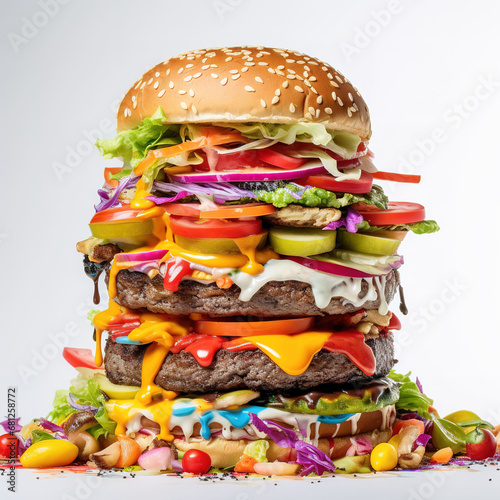 delicious towering burger on a white background