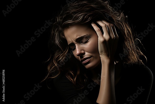 Close-up portrait of a young woman in agony, experiencing severe migraine pain and discomfort