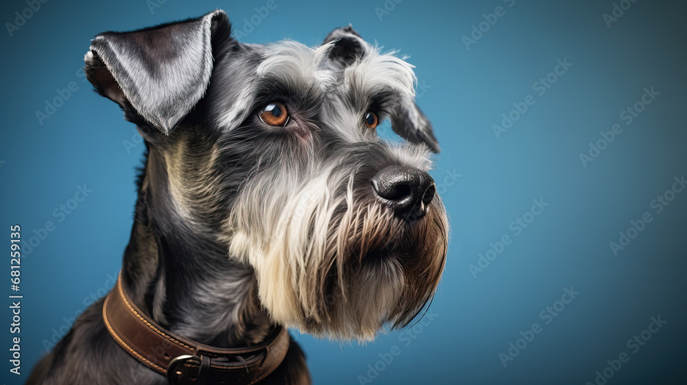 Studio portrait of a Miniature Schnauzer posing against a blue backdrop.