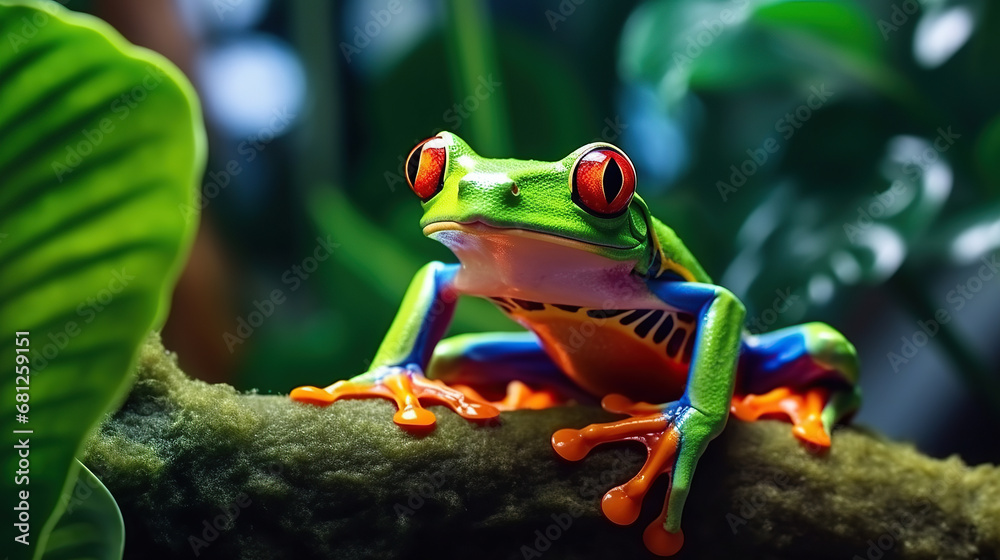 Fototapeta premium Colorful of red eye tree frog on the branches leaves of tree, close up scene, animal wildlife concept, habitat of frog background.