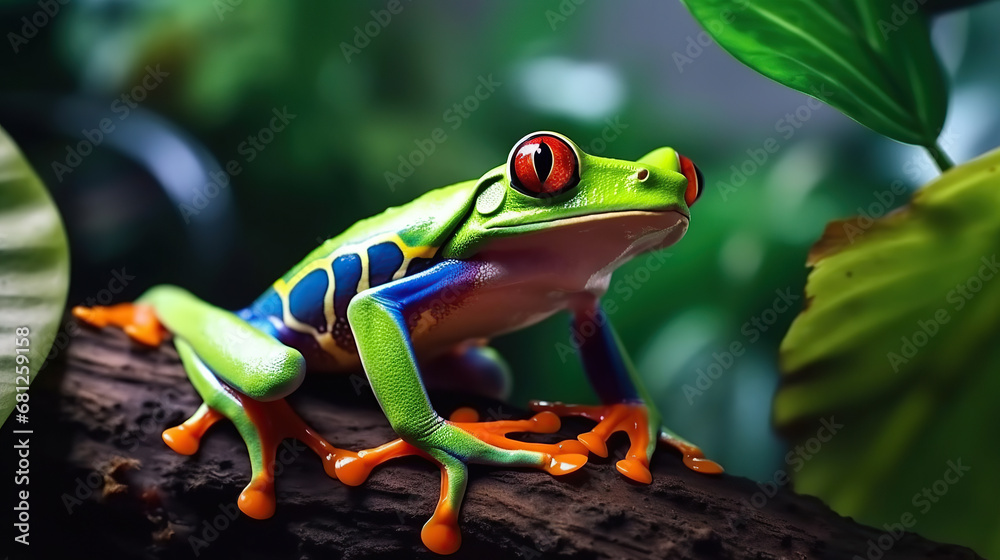 Fototapeta premium Colorful of red eye tree frog on the branches leaves of tree, close up scene, animal wildlife concept, habitat of frog background.