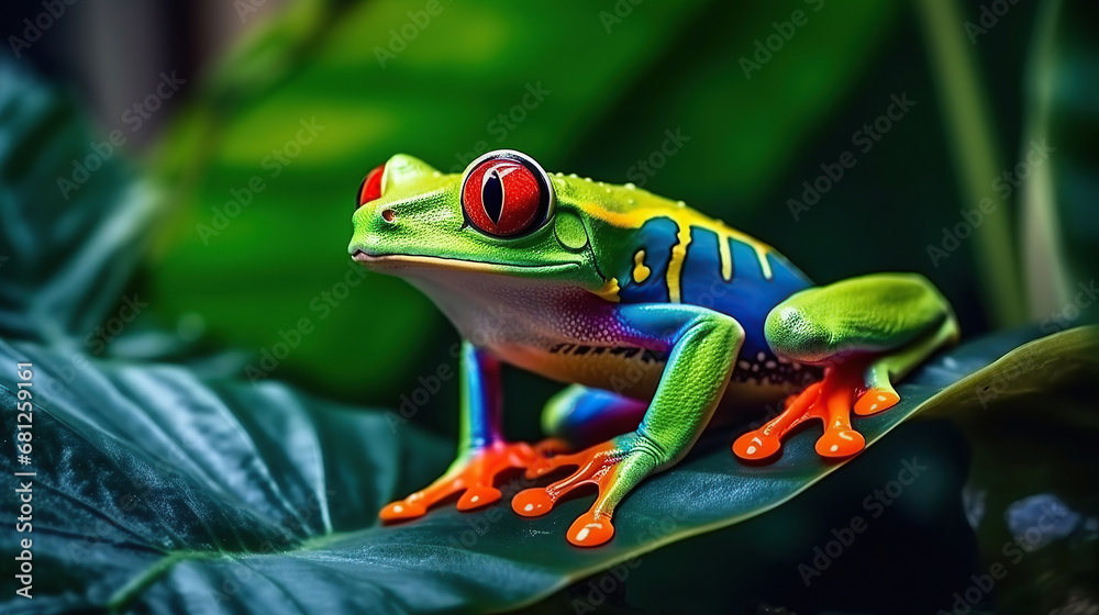 Fototapeta premium Colorful of red eye tree frog on the branches leaves of tree, close up scene, animal wildlife concept, habitat of frog background.