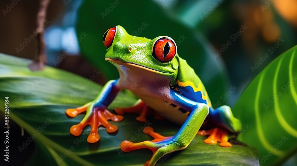 Fototapeta premium Colorful of red eye tree frog on the branches leaves of tree, close up scene, animal wildlife concept, habitat of frog background.