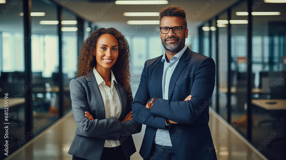 Confident business partners standing back to back in office. Confident business partners standing back to back in office.