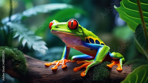 Colorful of red eye tree frog on the branches leaves of tree, close up scene, animal wildlife concept, habitat of frog background. photo